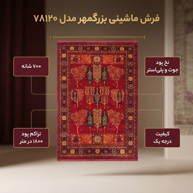 فرش ماشینی 700 شانه فرش بزرگمهر زمینه لاکی حاشیه سرمه ای مدل 78120