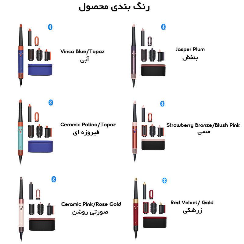 سشوار برس‌دار حالت‌دهنده 1300 وات دایسون مدل Airwrap id HS08 Straight+Wavy، موتور BLDC، وزن 630 گرم، دارای سری شانه‌دار، سری برس‌دار گرد پهن، کیف نگه‌دارنده، خشک‌کن ملایم، متمرکز‌کننده باریک، متمرکز‌کننده پهن با ویژگی فرکنندگی، صاف‌کنندگی، حجم‌دهندگی
