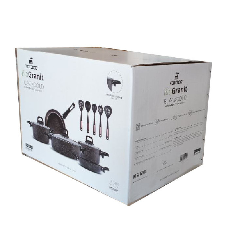 سرویس قابلمه وتابه بیوگرانیتی 13 پارچه کاراجا مدل Black Gold همراه با ابزار آشپزی