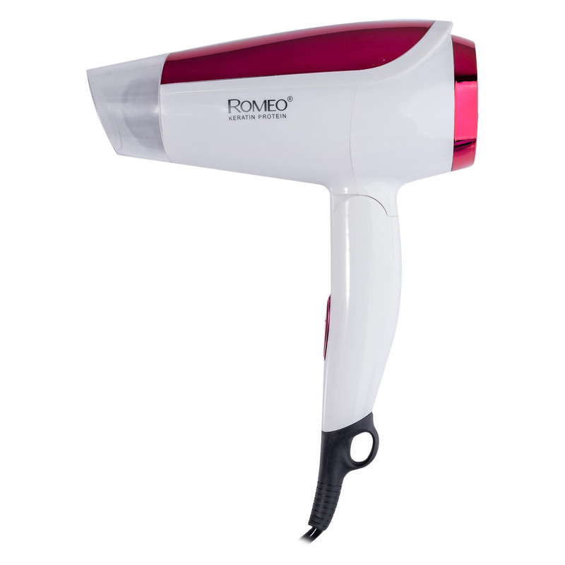 سشوار مسافرتی 1800 وات رومئو مدل RM-5959، موتور AC، وزن 350 گرم، المنت فلز، دارای سری متمرکز‌کننده پهن با ویژگی صاف‌کنندگی، با قابلیت تنظیم دما