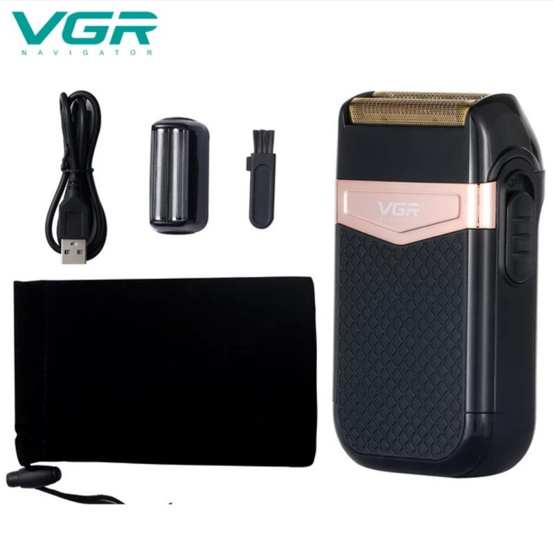 ماشین اصلاح موی صورت وی جی ار مدل 331 ضدآب با طراحی ارگونومیک، تیغه استیل پیشرفته سه‌تیغه، شارژ USB و قابلیت استفاده خشک و مرطوب