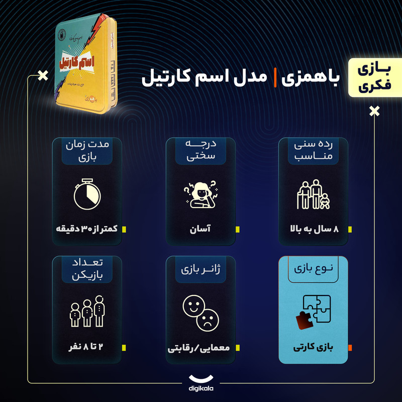 بازی فکری کارتی معمایی باهمزی مدل اسم کارتیل با 64 کارت حافظه‌ای، مناسب 8 سال به بالا، تقویت حافظه، دایره لغات، سرعت عمل، تعامل اجتماعی و رقابت دوستانه، 2 تا 8 بازیکن، مدت بازی کمتر از 30 دقیقه
