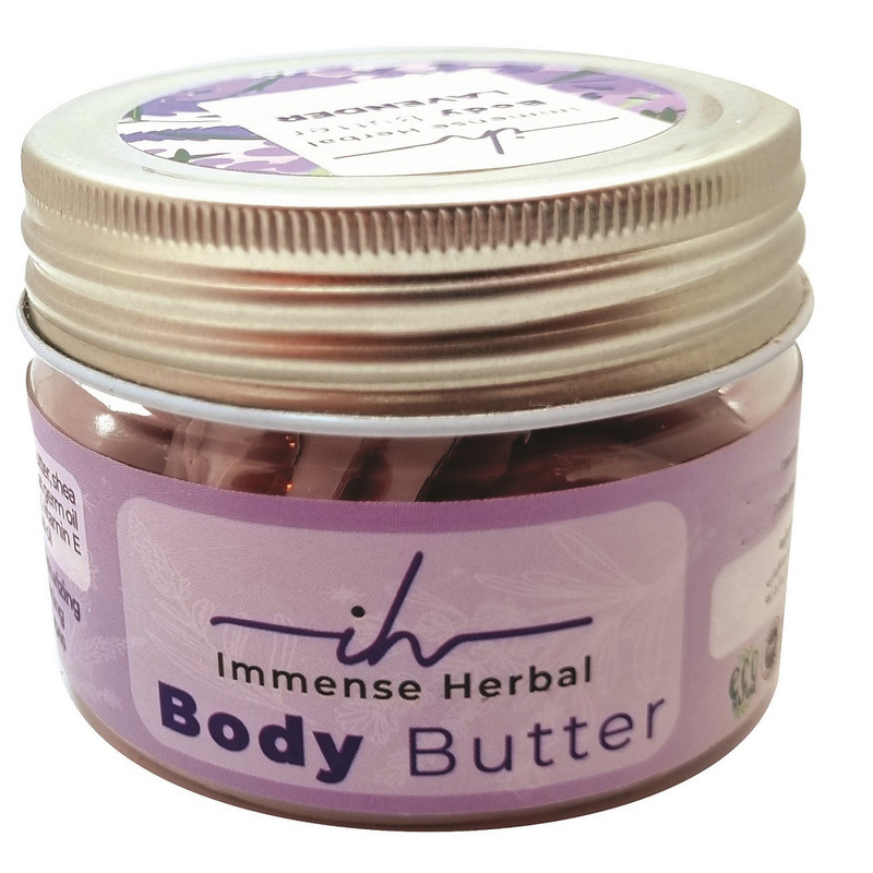 کره بدن طبیعی ایمنس هربال مدل VIP_LAVENDER حجم 155 میلی‌لیتر با عصاره لوندر، مرطوب‌کننده قوی، روشن‌کننده پوست، ضد خشکی و اگزما، حاوی کره کاکائو، شی باتر، روغن جوجوبا و موم زنبور عسل، مناسب انواع پوست