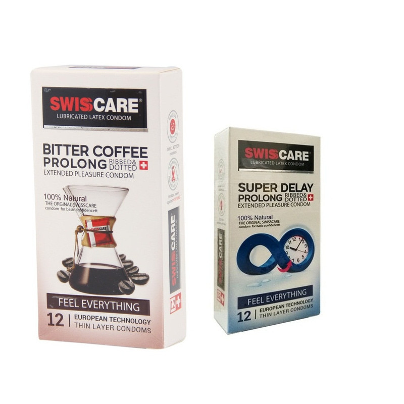 کاندوم سوئیس‌کر مدل Coffee Prolong بسته 12 عددی به همراه کاندوم سوئیس کر مدل SUPER DELAY بسته 12 عددی