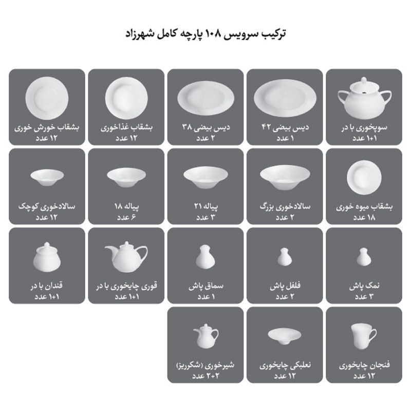 سرویس غذاخوری 108 پارچه چینی زرین ایران مدل شهرزاد پرنسس درجه عالی