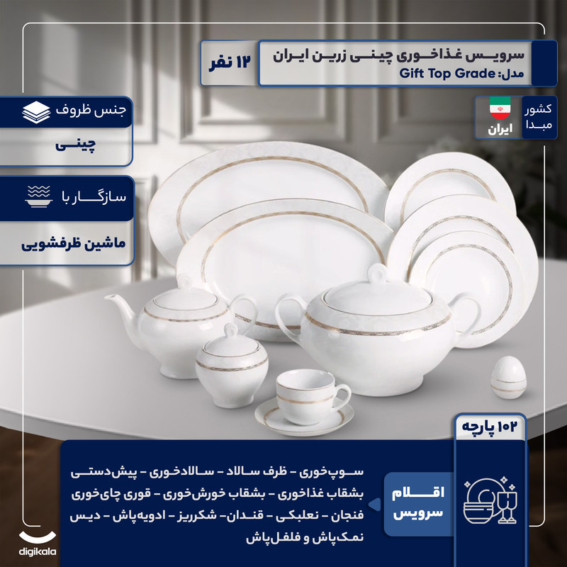 سرویس غذاخوری 102 پارچه 12 نفر چینی زرین ایران مدل Gift Top Grade
