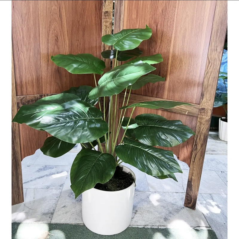 درختچه مصنوعی پتوس لمسی 18 برگ ضدآب مناسب فضای باز رومیزی و ایستاده پلاستیک ابعاد 50×50×70 سانتی متر وزن 300 گرم
