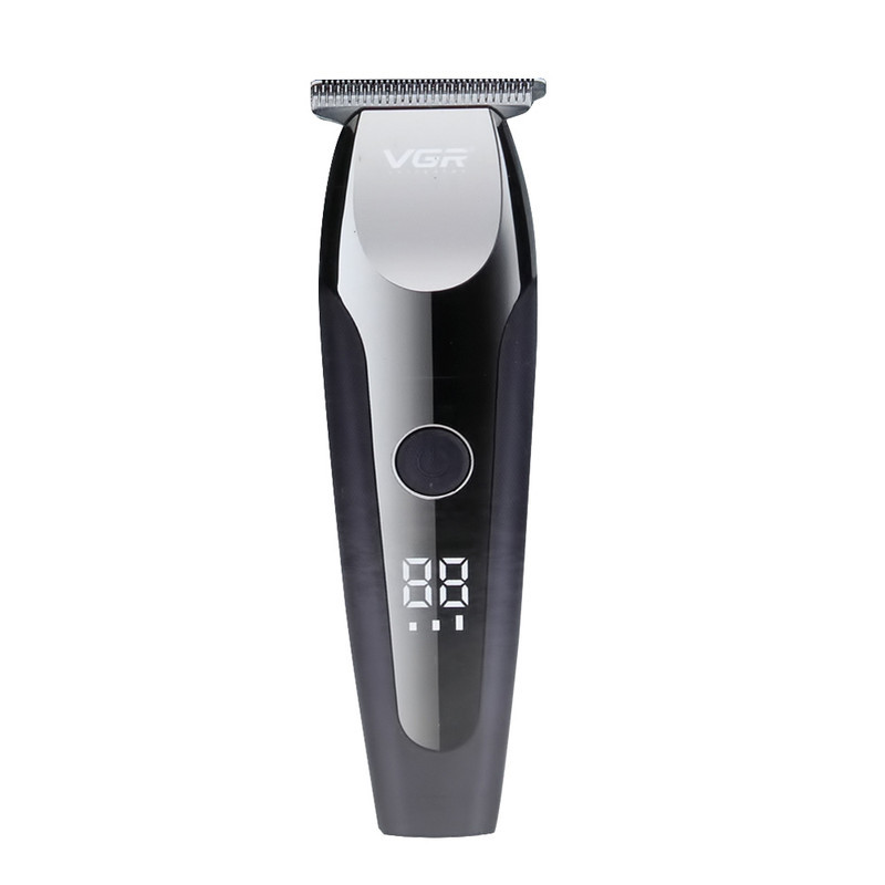 ماشین اصلاح موی صورت و بدن وی جی ار مدل V-059 با تیغه استیل ضد زنگ خودتیز شونده، باتری لیتیوم یونی با 150 دقیقه زمان استفاده، نمایشگر دیجیتال، تنظیم سرعت 3 مرحله‌ای و 6 عدد شانه سایز 1 تا 6 میلی‌متر
