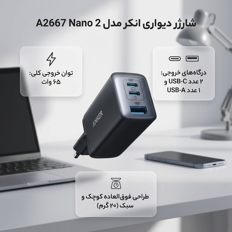 شارژر دیواری 65 وات انکر مدل A2667 Nano 2