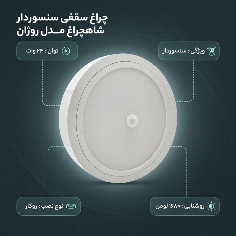 چراغ سقفی ال ای دی 24 وات شاهچراغ مدل سنسور دار طرح روژان روکار گرد