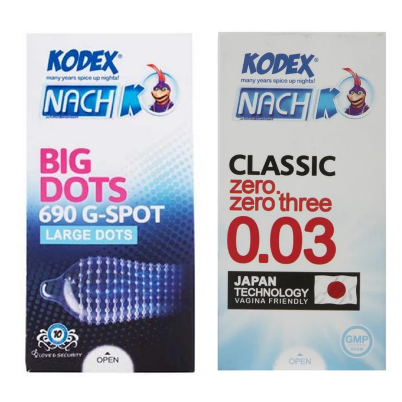 کاندوم کلاسیک ناچ کدکس مدل 0.03 بسته 10 عددی به همراه کاندوم خاردار ناچ کدکس مدل BIG DOTS بسته 10 عددی