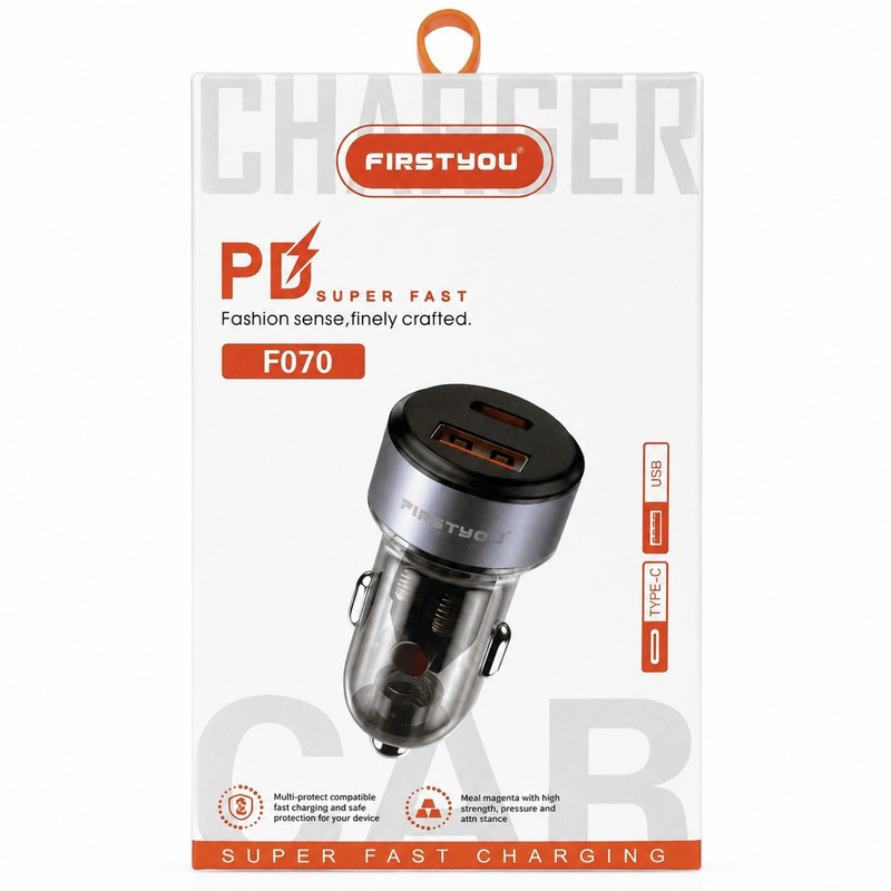 شارژر فندکی 70 وات دو پورت فرست یو مدل F070 به همراه کابل usb-C