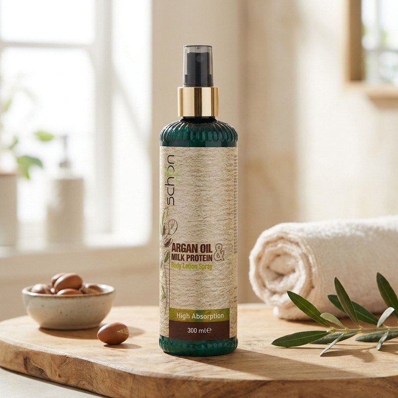 لوسیون بدن شون مدل Argan Oil And Milk Protein حجم 300 میلی‌لیتر با عصاره آرگان و پروتئین شیر، مرطوب‌کننده قوی پوست، جذب بالا، ساخت ایران، دارای مجوز سازمان غذا و دارو