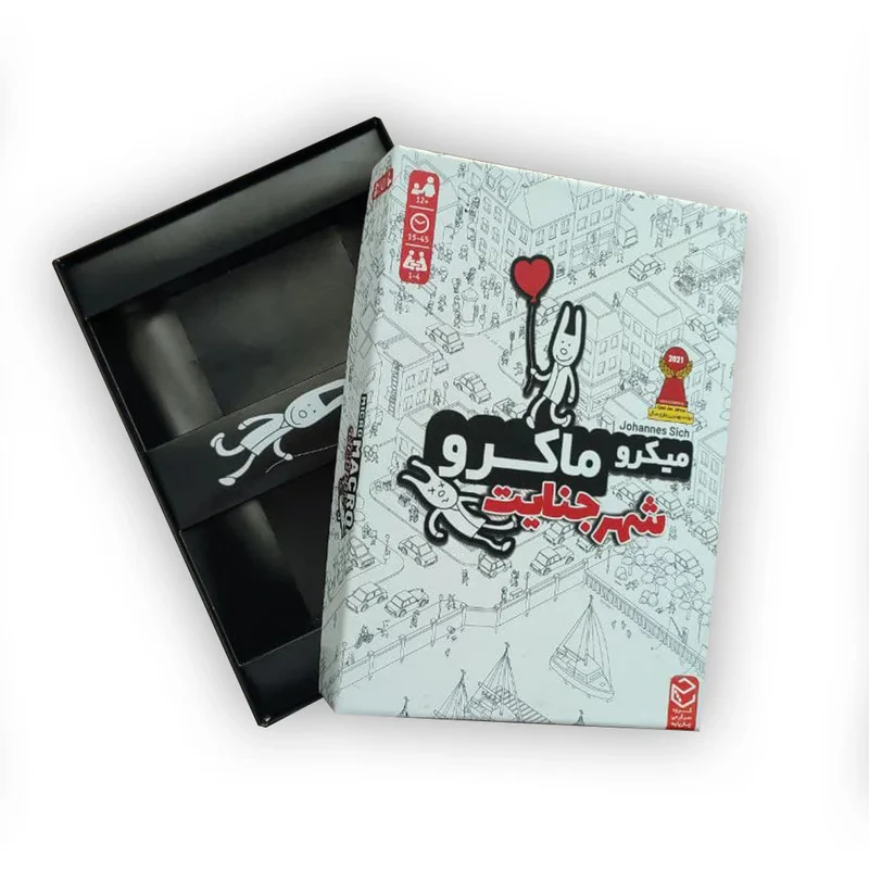 بازی فکری معمایی میکرو ماکرو شهر جنایت با نقشه 100x70 سانتیمتر، 16 پرونده معمایی، 120 کارت ماموریت، مناسب 12 سال به بالا، 1 تا 4 نفر، پرورش قوه تخیل و نکته‌بینی، مدت بازی کمتر از یک ساعت