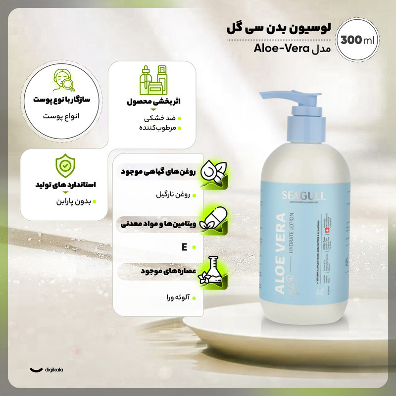 لوسیون بدن مرطوب‌کننده سی‌گل مدل Aloe-Vera حجم 300 میلی‌لیتر با عصاره آلوئه‌ورا، روغن نارگیل و ویتامین E، فاقد پارابن، ضد خشکی و مناسب پوست‌های خشک و معمولی