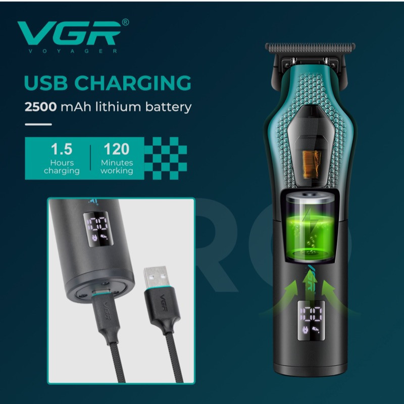 ماشین اصلاح موی سر و صورت وی جی ار مدل V-997 با موتور 11000 دور در دقیقه، باتری لیتیوم یونی 2500 میلی‌آمپر ساعت، تیغه سرامیک ضد التهاب، قابلیت تنظیم سرعت و نمایشگر میزان شارژ