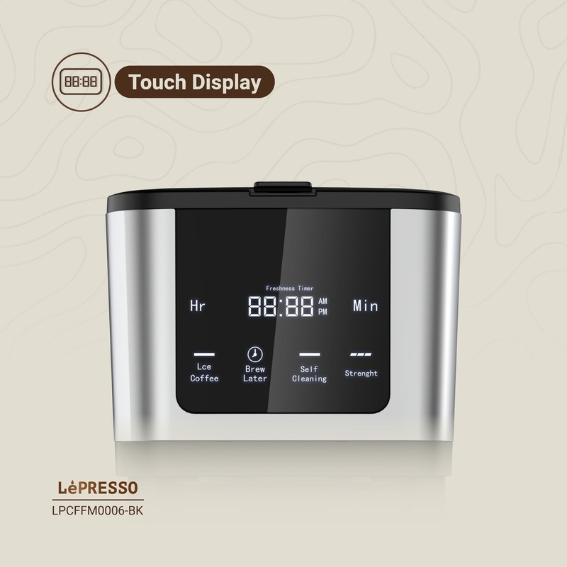 قهوه‌ساز لپرسو مدل LPCFFM0006-BK، ظرفیت دم‌آوری ده فنجان با فیلتر دائمی، دارای صفحه گرم نگهدارنده قهوه و دکمه لمسی