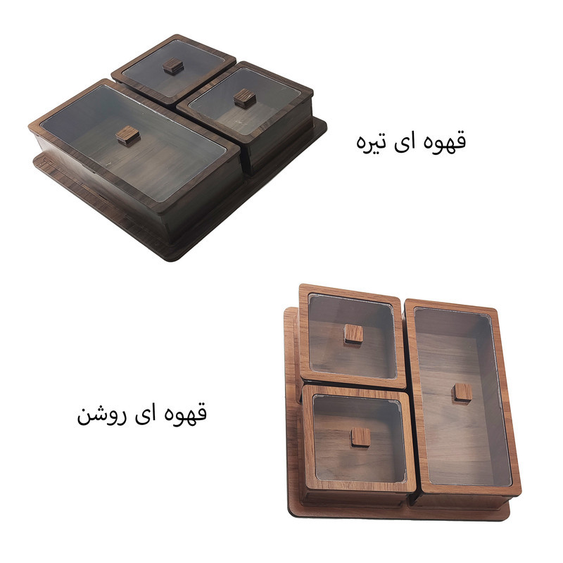 جعبه پذیرایی LZ-5 با درپوش شفاف، 4 عددی روی سینی چوبی