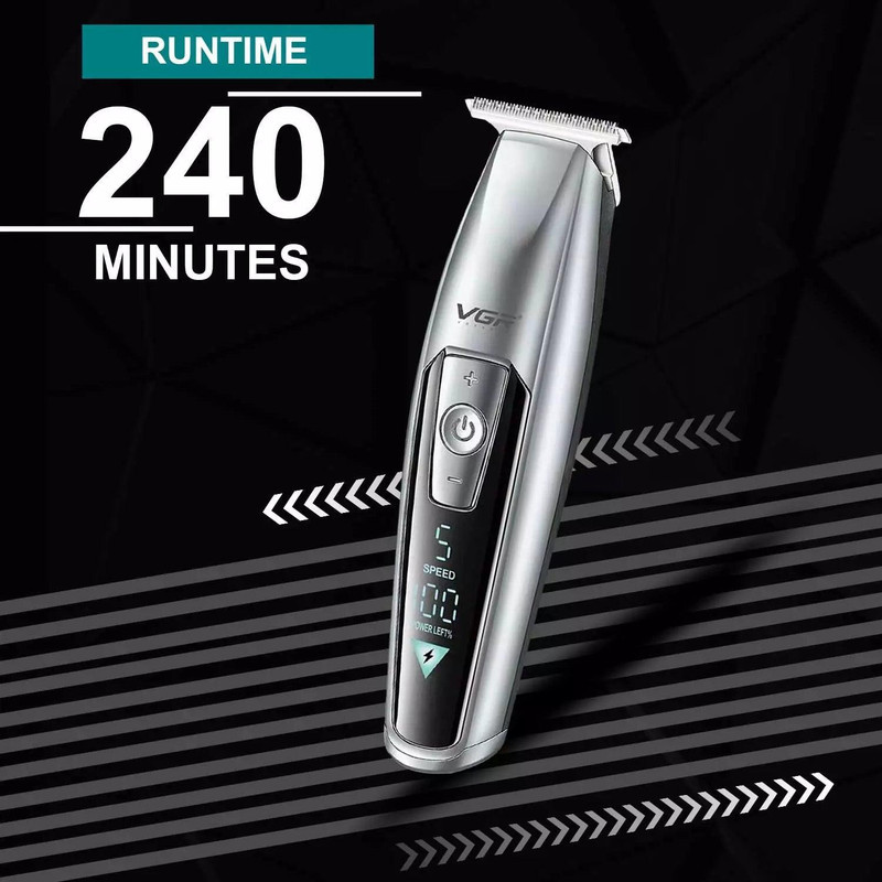 ماشین اصلاح موی سر و صورت وی جی ار مدل V-970 با تیغه استیل ضد زنگ، باتری قابل شارژ با 240 دقیقه استفاده، 5 سرعت قابل تنظیم، طراحی ارگونومیک و 3 شانه تنظیم طول 2، 3 و 4 میلی‌متر
