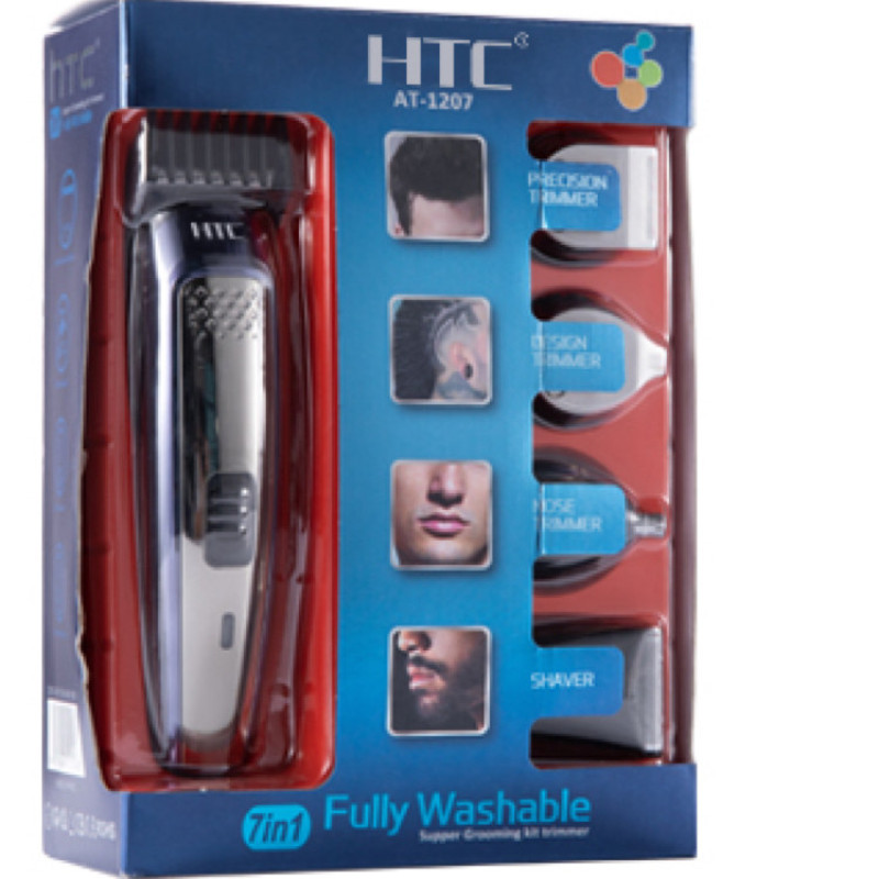 ست ماشین اصلاح موی صورت و بدن HTC مدل AT1207 با تیغه تیتانیوم پیشرفته، باتری لیتیوم یون، شارژ USB، طراحی ارگونومیک، شانه قابل تنظیم، مدت استفاده 60 دقیقه پس از شارژ 240 دقیقه