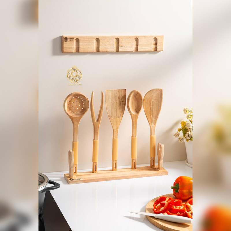 سرویس کفگیر و ملاقه چوبی 7 پارچه گلدن استار مدل مگنتی