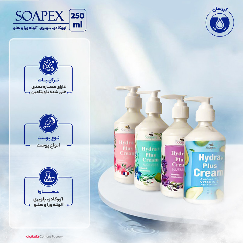 کرم آبرسان سوپکس مدل آووکادو، بلوبری، آلوئه‌ورا و هلو وزن 250 گرم مجموعه 4 عددی