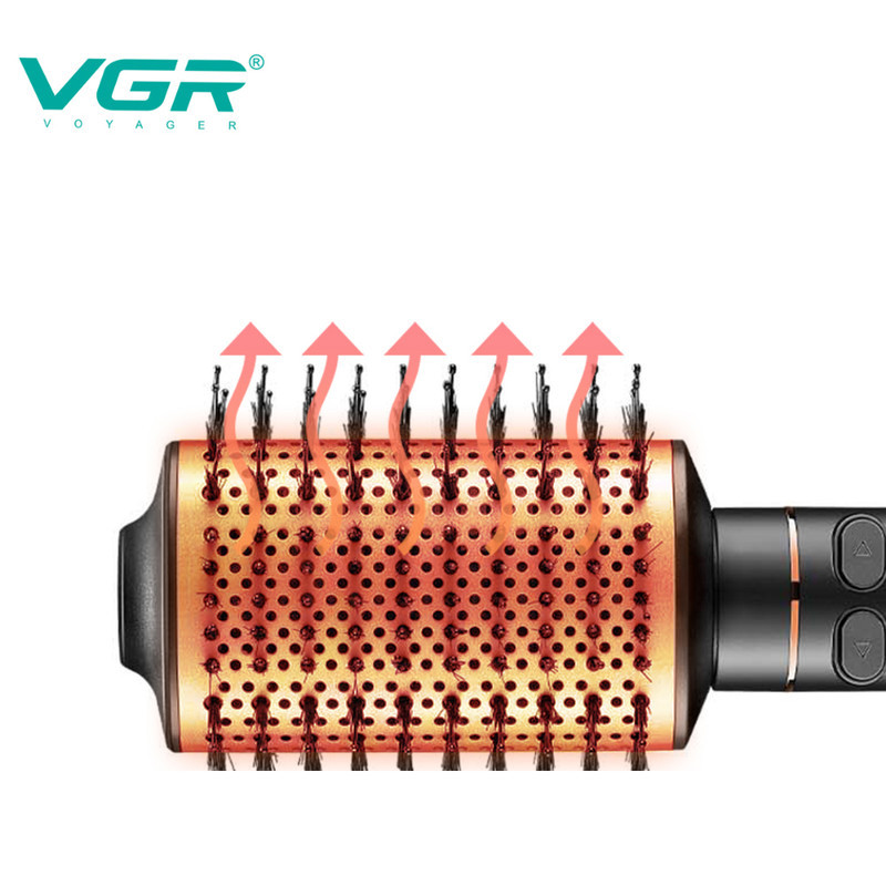 سشوار برس‌دار چرخشی 800 وات وی جی ار مدل V-494، موتور DC، وزن 300 گرم، المنت فلز، با قابلیت باد سرد، فناوری تولید یون، با قابلیت سیم گردان