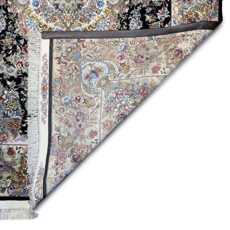 فرش دستباف سه متری تبریز مدل خطیبی طرح گلدانی زمینه مشکی کد F-TA-GD-05