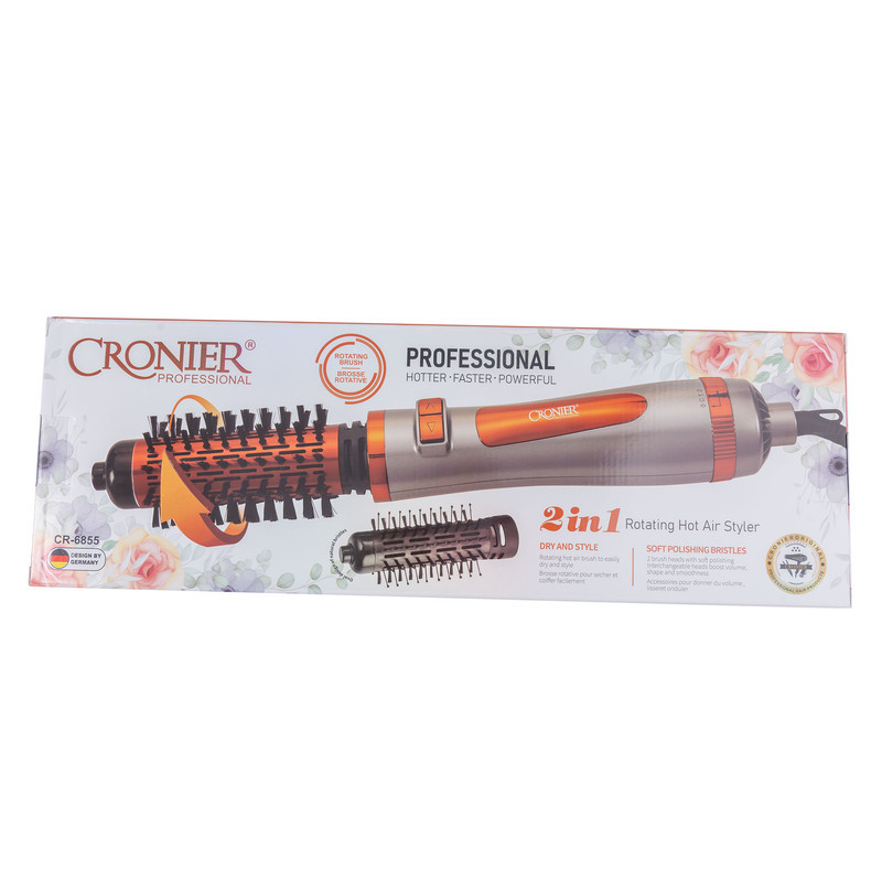 سشوار برس‌دار چرخشی 1200 وات کرونیر مدل CR-6855، موتور AC، وزن 350 گرم، المنت فلز، دارای سری برس‌دار گرد باریک، سری برس‌دار گرد پهن با ویژگی صاف‌کنندگی، حجم‌دهندگی، با قابلیت باد سرد، سیم گردان