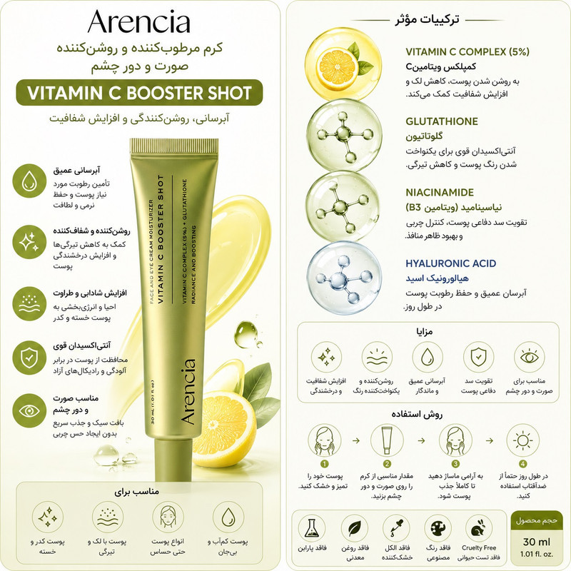 کرم روشن‌کننده صورت آرنچیا مدل Vitamin C Booster Shot مناسب برای انواع پوست حجم 30 میلی‌لیتر