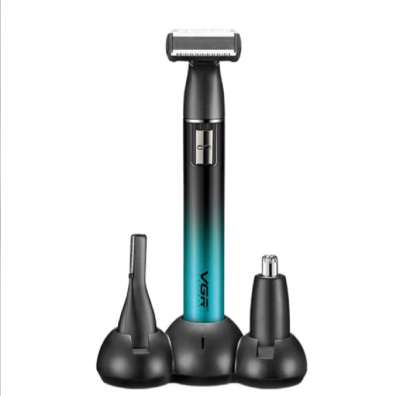 ست ماشین اصلاح موی صورت و بدن شارژی وی جی ار مدل V-628، صفر زن با تیغه‌های خودتیزشونده، دارای موزن گوش، بینی و ابرو، شارژدهی 60 دقیقه‌ای، همراه با 4 شانه و استند شارژ