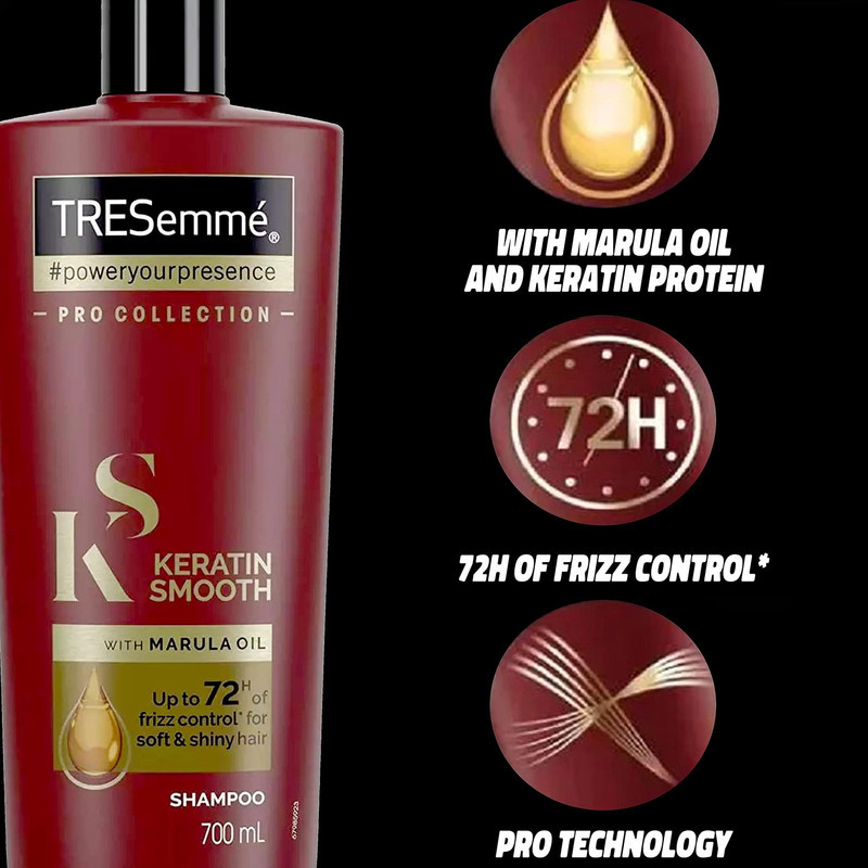 شامپو تقویت‌کننده مو ترزمی مخصوص پوست سر معمولی و انواع مو، حجم 700 میلی‌لیتر مدل keratin smooth، آبرسان، ترمیم‌کننده، میزان‌سازی چربی مو و پوست سر، جلوگیری از وزشدن مو با عصاره روغن مارولا