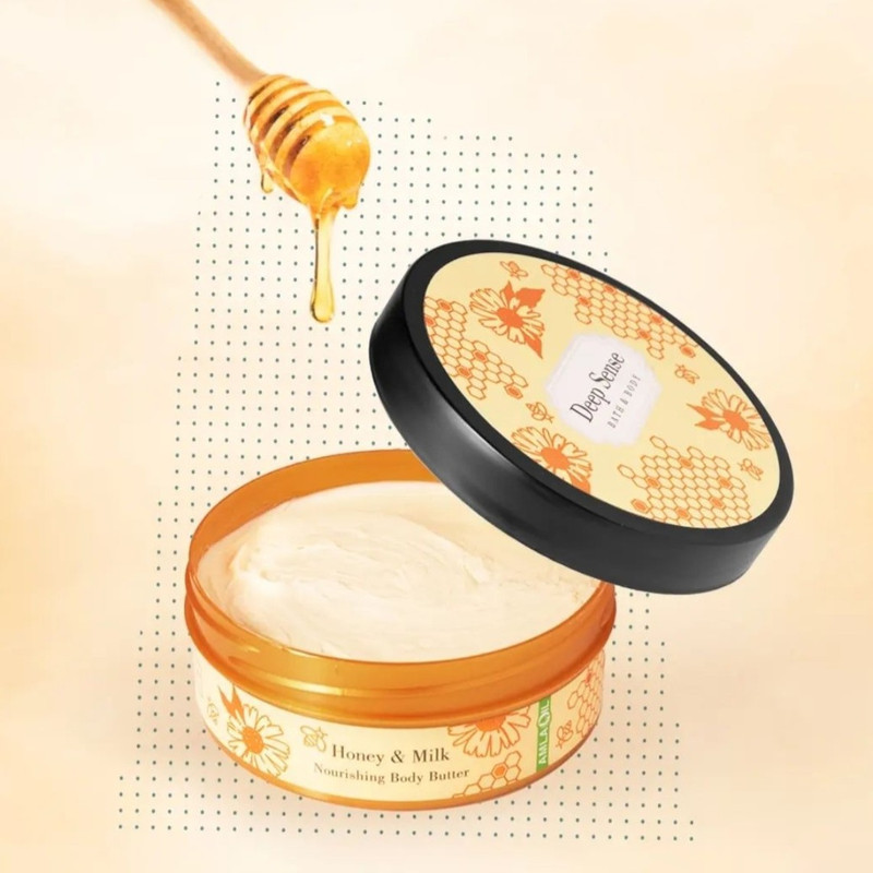 کره بدن دیپ سنس مدل Honey حجم 200 میلی‌لیتر مغذی و آبرسان قوی با کره شی، روغن نارگیل و آملا، ضد خشکی و نرم‌کننده پوست با جذب سریع و حفظ رطوبت طولانی‌مدت مناسب بانوان