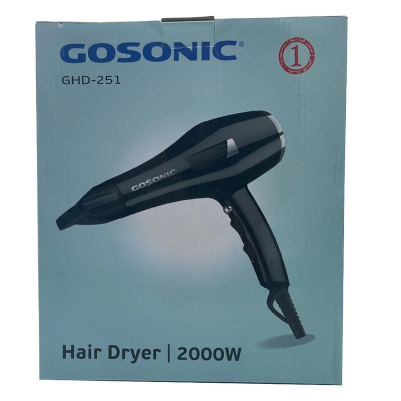 سشوار خانگی 2000 وات گوسونیک مدل GHD-251، موتور DC، وزن 1000 گرم، دارای سری متمرکز‌کننده باریک با ویژگی صاف‌کنندگی، حجم‌دهندگی، با قابلیت باد سرد