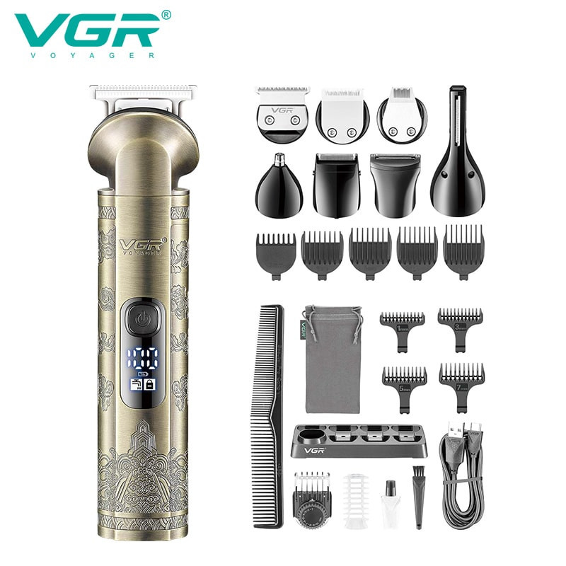 ست ماشین اصلاح موی صورت و بدن وی جی آر مدل V-110 با تیغه استیل ضد زنگ، قابلیت اصلاح صفر، 10 عدد شانه متنوع، نمایشگر باتری، شارژ سریع، ضد آب و استفاده 180 دقیقه پس از شارژ