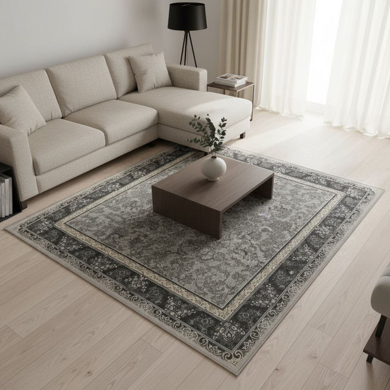 فرش ماشینی 1200 شانه زمینه فیلی حاشیه دودی مدل افشان وینتیج اکریلیک