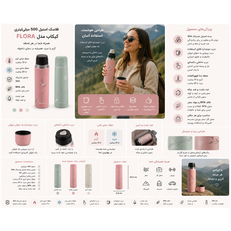 فلاسک کودک کیکابو مدل Flora گنجایش 0.5 لیتر