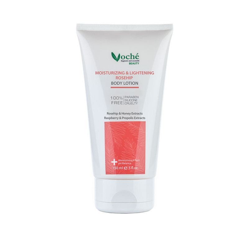 لوسیون بدن روشن‌کننده و مرطوب‌کننده وچه مدل Rosehip حجم 150ml با عصاره رز هیپ، عسل، آلوئه‌ورا و روغن هسته انگور، مناسب انواع پوست، رفع لک، یکنواخت‌کننده رنگ پوست، آبرسان و ضد پیری