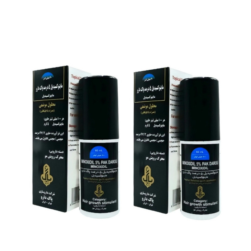 محلول محرک رشد مو پاک دارو مدل ماینوکسیدیل 5 درصد حجم 60 میلی لیتر بسته 2 عددی