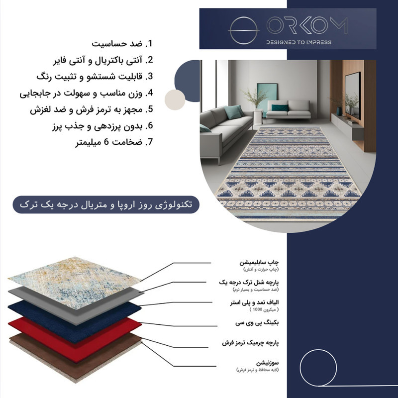 فرش ماشینی 1000 شانه اورکوم زمینه کرم حاشیه سرمه ای طرح مینیمال سورین کد OR.1125.04