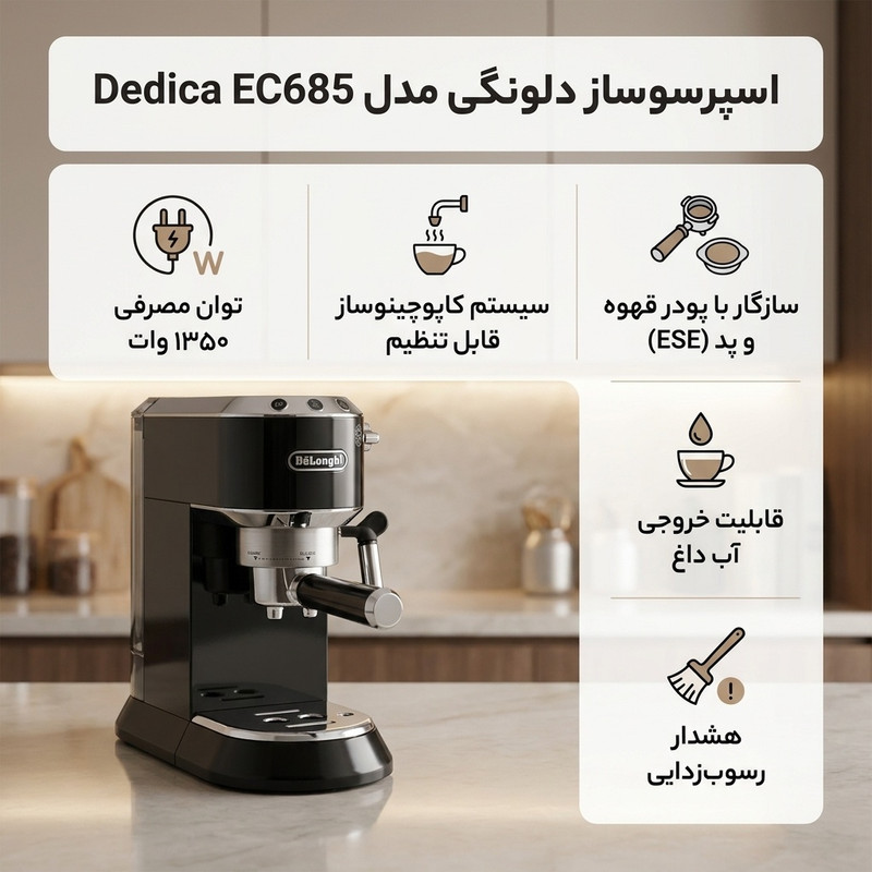 اسپرسوساز دلونگی مدل Dedica EC685، با مصرف پودر قهوه، مناسب تهیه اسپرسو، دارای 2 عدد نازل قهوه، سیستم گرم کردن فنجان