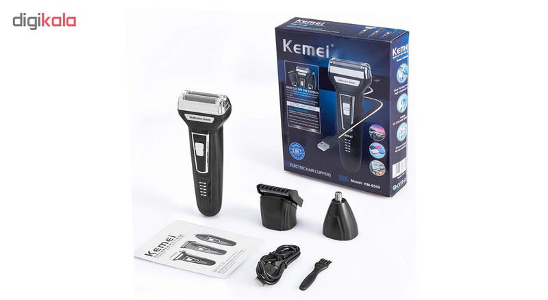 ماشین اصلاح موی صورت کیمی مدل KM-6559، اصلاح به صورت صفر زن، خط زن، دارای سه سری مخصوص برای اصلاح صورت، سر، گوش و بینی، منبع انرژی با کابل USB، تکنولوژی اصلاح به صورت برش چرخشی، مدت زمان شارژ 480 دقیقه و مدت زمان استفاده پس از شارژ 60 دقیقه