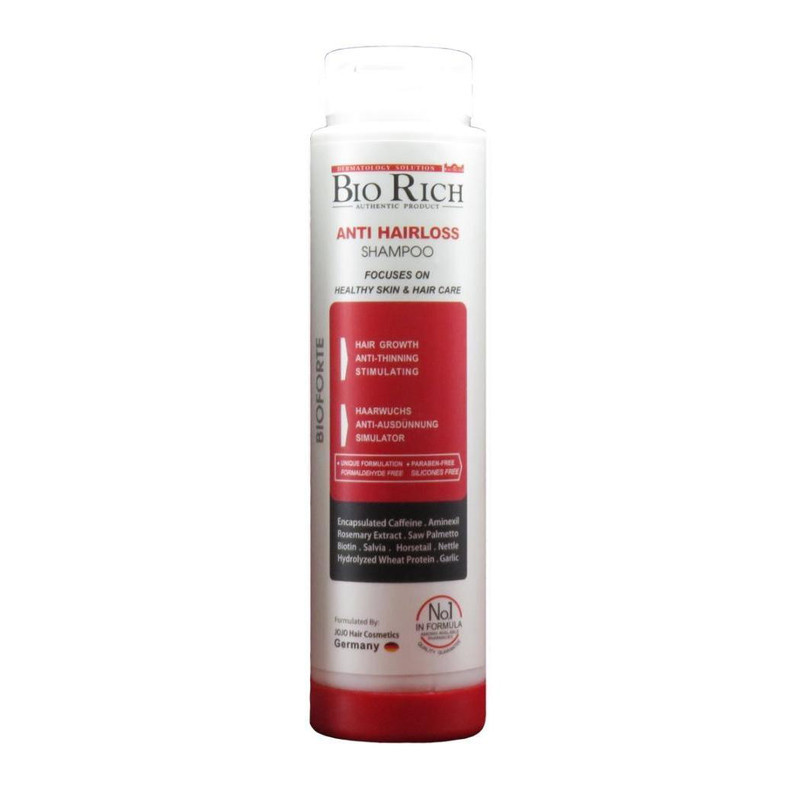 شامپو روزانه تقویت‌کننده و ضد ریزش مو بایوریچ مخصوص انواع مو، حجم 250 میلی‌لیتر مدل ANTI HAIR LOSS، حاوی کراتین، بدون سولفات، حجم‌دهنده و ترمیم‌کننده با عصاره مریم گلی، گزنه و، رزماری