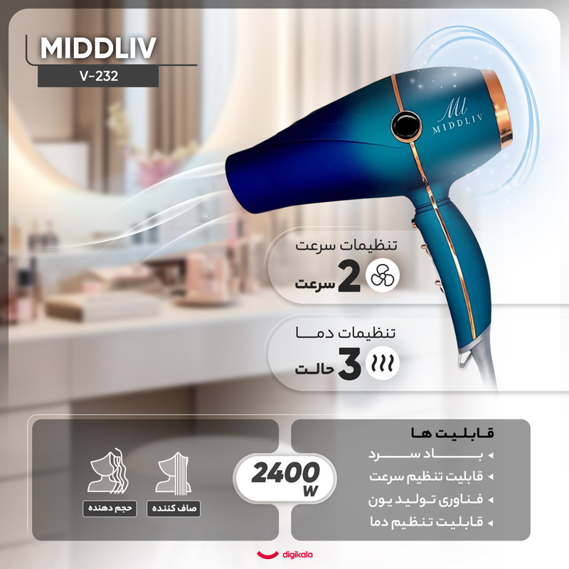 سشوار حرفه‌ای 2000-2400 وات میدلیو مدل V-232، موتور AC، وزن 550 گرم، دارای سری متمرکز‌کننده باریک، متمرکز‌کننده پهن با ویژگی صاف‌کنندگی، حجم‌دهندگی، با قابلیت باد سرد، فناوری تولید یون