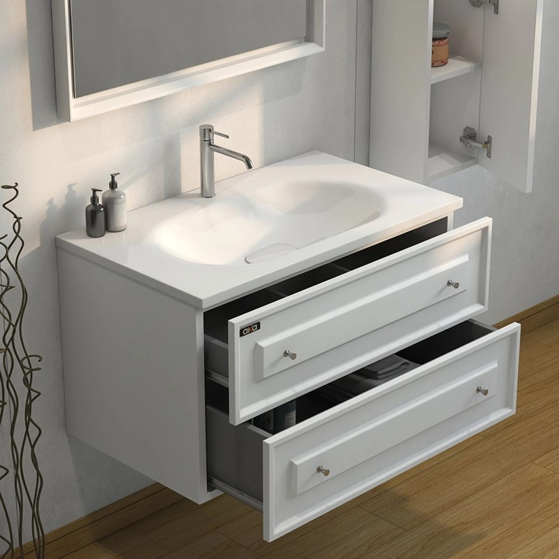ست کابینت و روشویی دیواری آلکا مدل 3075 کلاسیک به همراه باکس و آینه