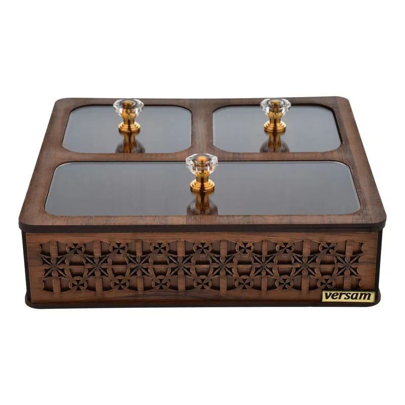 جعبه پذیرایی مدل یاس کد P301 شکلات‌خوری مربع MDF، پلاستیک و پلکسی گلس با ابعاد 20x19x5.5 سانتی‌متر و وزن 330 گرم، غیرقابل شستشو