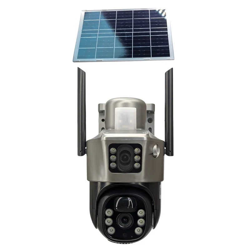 دوربین مداربسته تحت شبکه سیمکارتی چرخشی مدل V380_PRO با رزولوشن 2MP، پشتیبانی از کارت حافظه 128GB، منبع تغذیه پنل خورشیدی و اتصال بی‌سیم سیم‌کارت