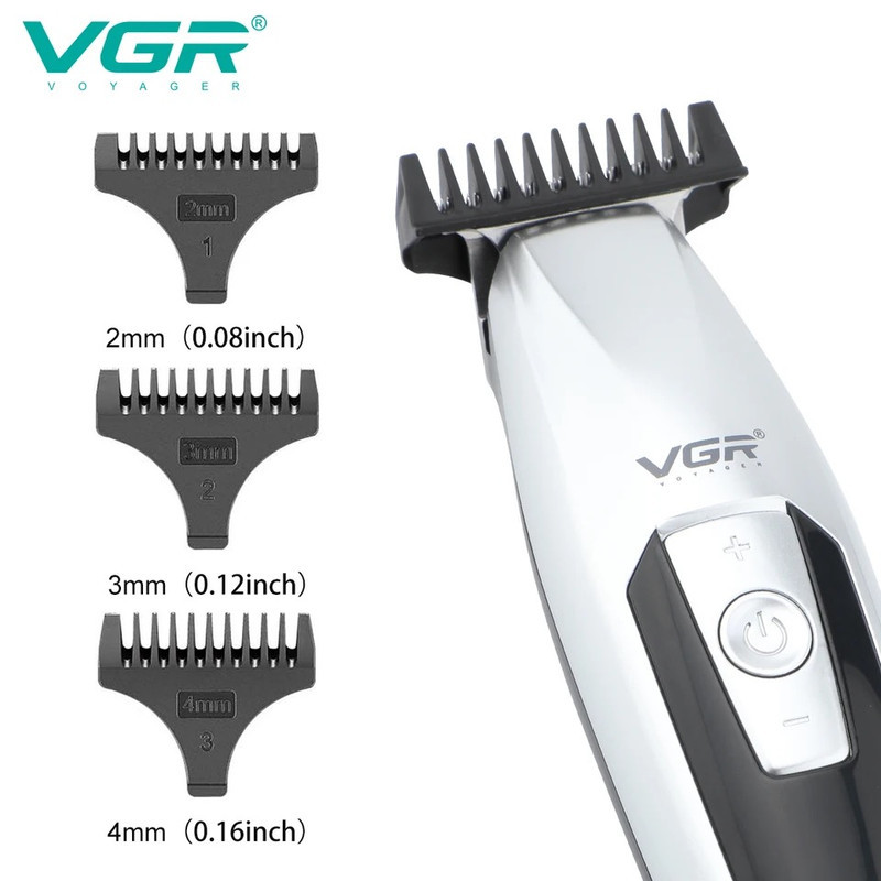 ماشین اصلاح موی سر و صورت وی جی ار مدل V-970 با تیغه استیل ضد زنگ، باتری قابل شارژ با 240 دقیقه استفاده، 5 سرعت قابل تنظیم، طراحی ارگونومیک و 3 شانه تنظیم طول 2، 3 و 4 میلی‌متر