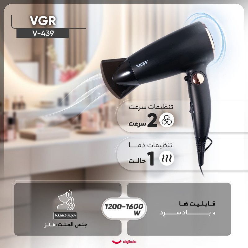 سشوار مسافرتی 1600 وات وی جی ار مدل V-439، موتور DC، وزن 300 گرم، المنت فلز، دارای سری متمرکز‌کننده باریک با ویژگی حجم‌دهندگی، با قابلیت باد سرد