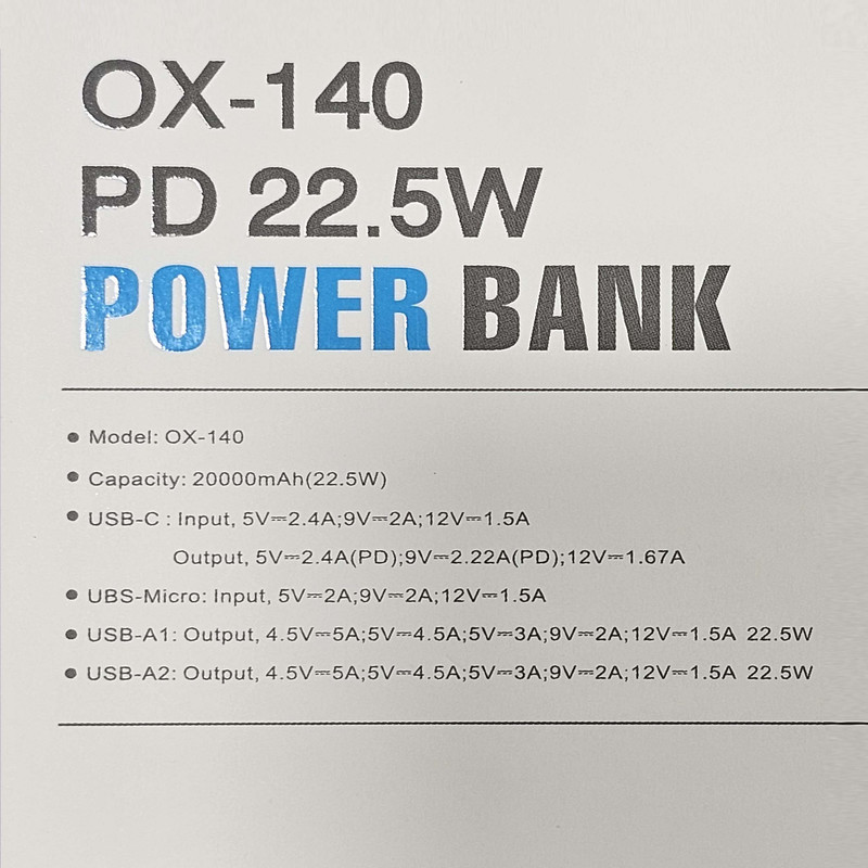 پاوربانک اکسیژن مدل OX-140  22.5W ظرفیت 20000 میلی آمپر ساعت